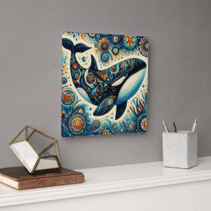 Reloj Cuadrado Orca Asesina Ballena Floral Whimsical Playa Náutic
