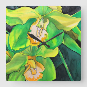 Reloj Cuadrado Orchid flowers green and yellow art