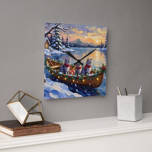 Reloj Cuadrado Oriental Blue Cat Christmas Boat Holiday (Oficina)