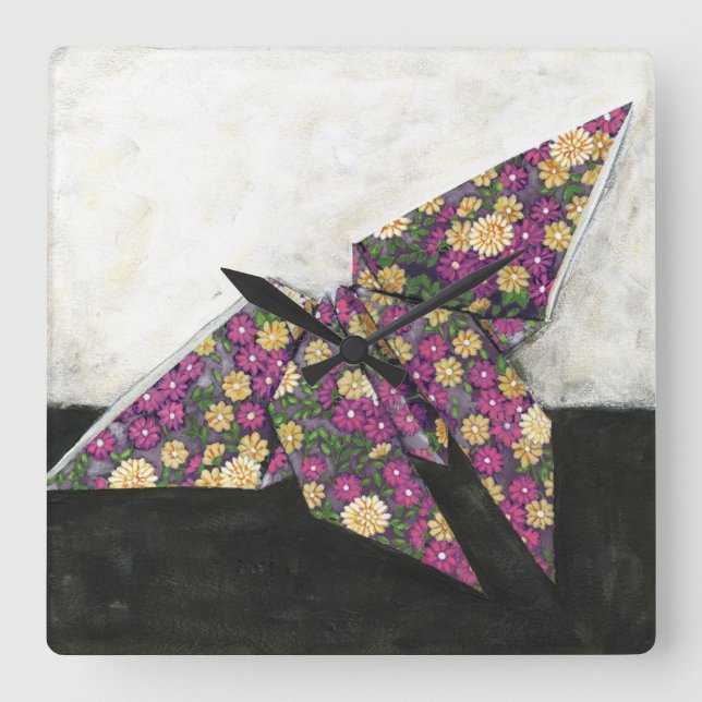 Reloj Cuadrado Origami Butterfly on Floral Paper (Anverso)