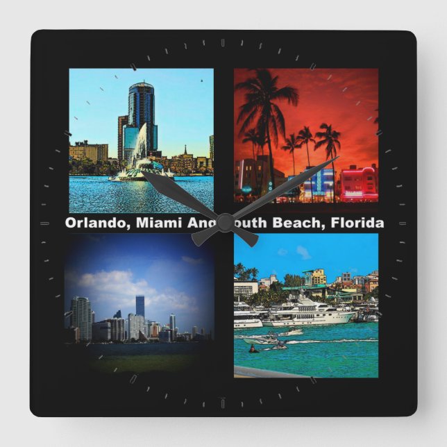 Reloj Cuadrado Orlando, Miami, South Beach Collage (Anverso)