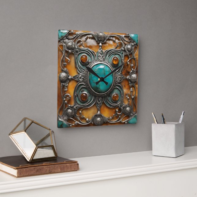 Reloj Cuadrado Ornamental Fire Jewel with Verdigris & Silver Lace (Oficina)