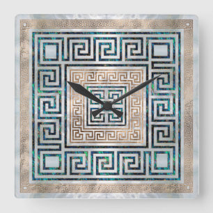 Reloj Cuadrado Ornamento de clave griega -Abalone y oro