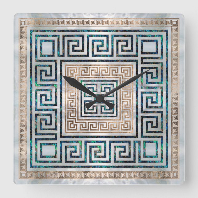 Reloj Cuadrado Ornamento de clave griega -Abalone y oro (Anverso)
