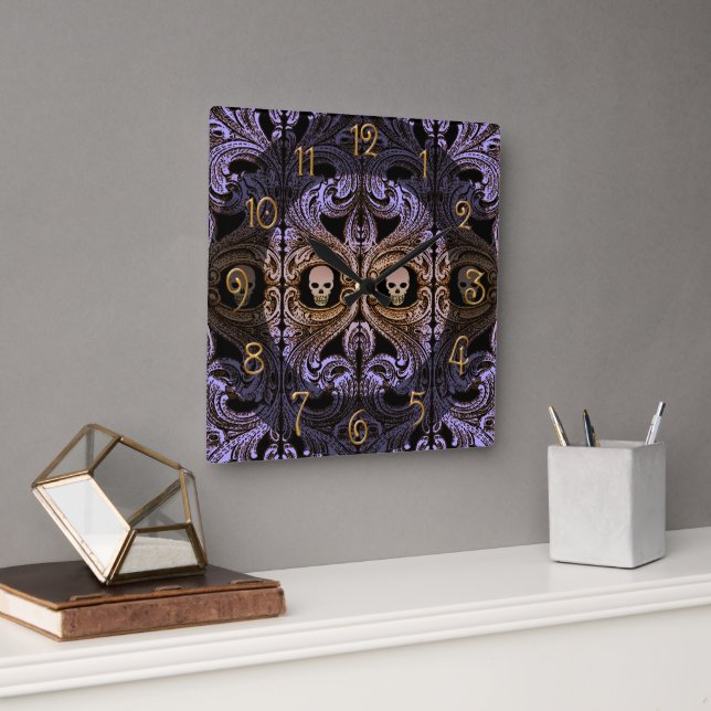 Reloj Cuadrado Ornamento morado y cráneo de gótico (Oficina)