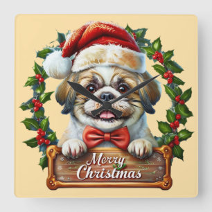 Reloj Cuadrado Ornamento navideño de perro lindo - Feliz Navidad"