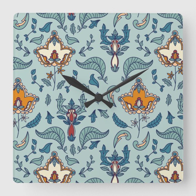 Reloj Cuadrado Ornate floral pattern on a pale blue background (Anverso)
