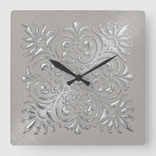 Reloj Cuadrado Ornate Silver Grabado en relieve Look