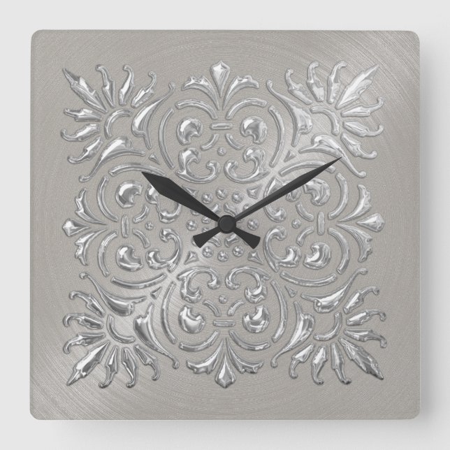 Reloj Cuadrado Ornate Silver Grabado en relieve Look (Anverso)