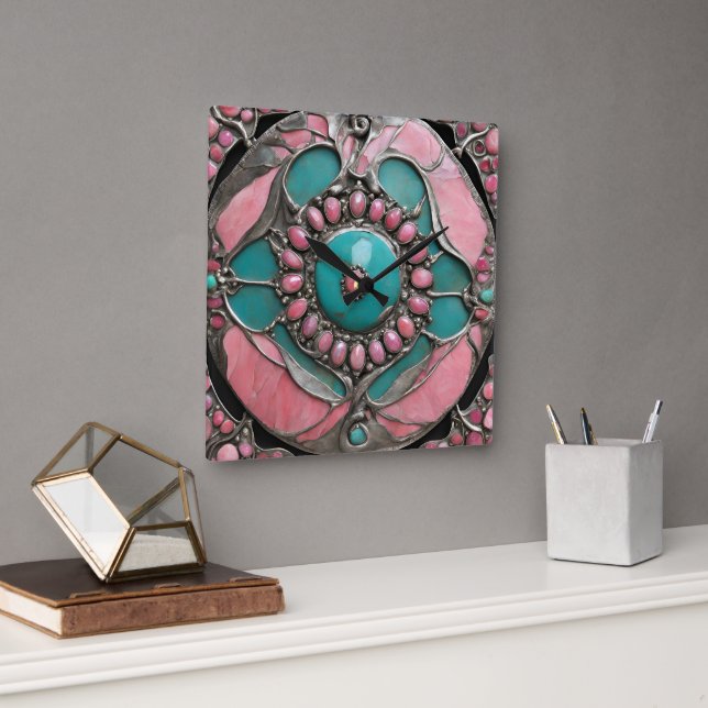 Reloj Cuadrado Ornate Tourmaline & Turquoise Art in Silver (Oficina)