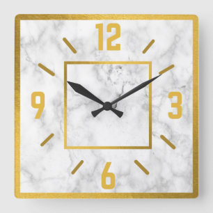 Reloj Cuadrado Oro Clásico Y Mármol Blanco De Faux