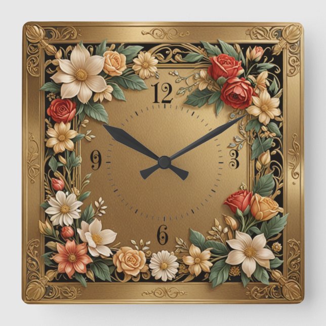 Reloj Cuadrado Oro Flor (Anverso)