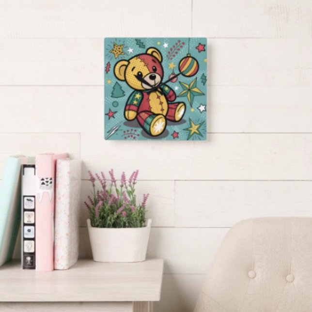 Reloj Cuadrado Oso de Navidad de Patchwork Caprichoso (Wall Clock backside hanging slot  non-ticking design. 2 sizes: 8" diameter or 10.75" diameter.)