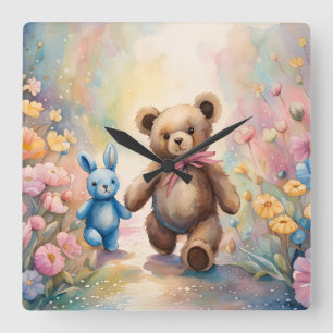 Reloj Cuadrado Oso de peluche y conejo en un jardín pastel
