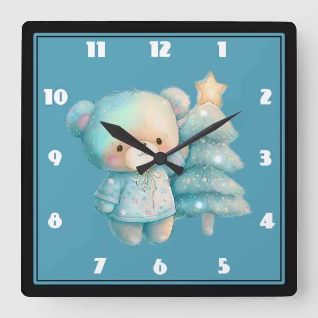 Reloj Cuadrado Oso lindo y vacaciones de árbol de Navidad (Anverso)