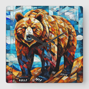 Reloj Cuadrado Oso Pardo 🐻✨ Mosaico Rústico del Bosque Arte de l