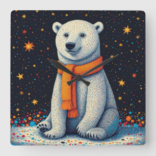 Reloj Cuadrado Oso Polar Caprichoso Con Bufanda Naranja