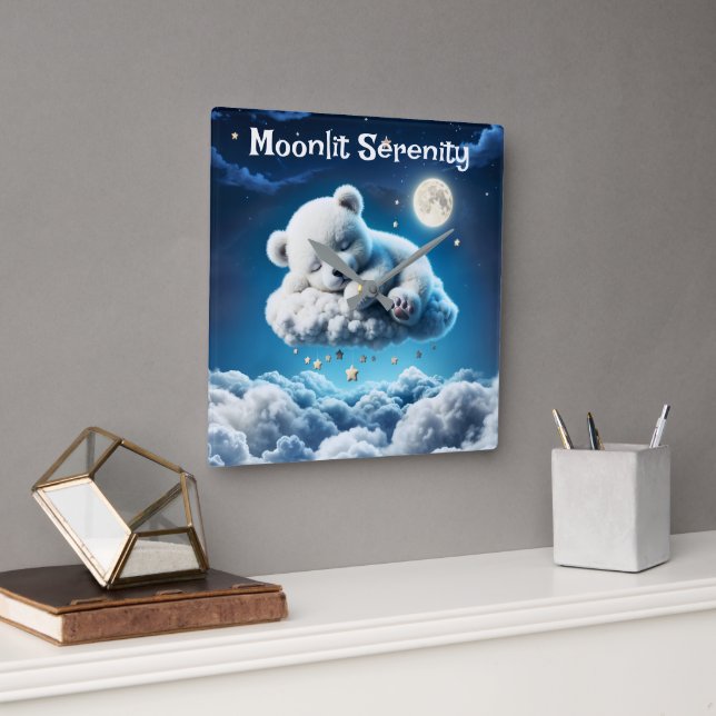 Reloj Cuadrado Oso Polar Cub belleza nubes esponjosas (Oficina)