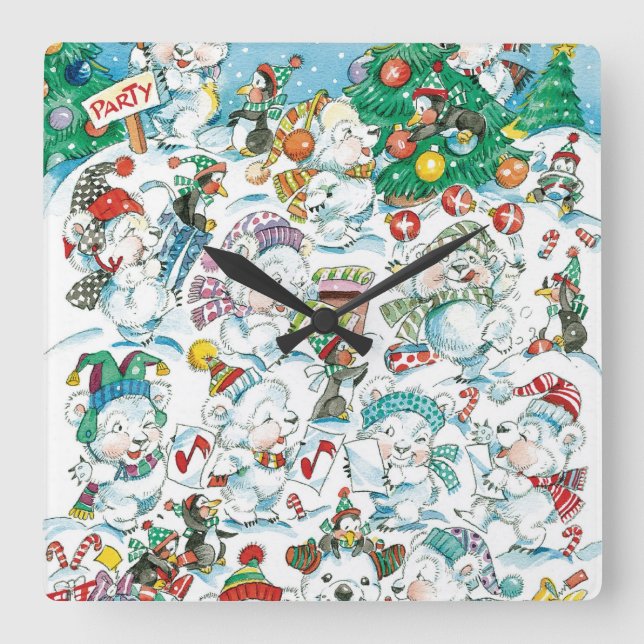 Reloj Cuadrado Oso Polar Pingüino Fiesta de Navidad de Dibujos An (Anverso)