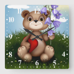 Reloj Cuadrado Oso sosteniendo ramo de flores-30926