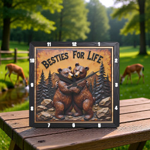 Reloj Cuadrado Osos Abrazando Bosque Oscuro
