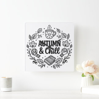 Reloj Cuadrado Otoño & Relajación | Arte de Línea con Letras a Ma