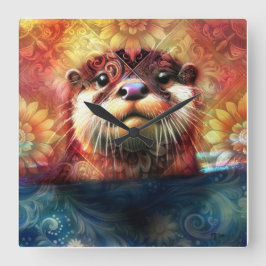 Reloj Cuadrado Otter Abstract Naranja floral Verde azulado ortebr