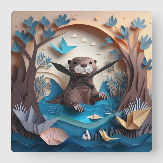 Reloj Cuadrado Otter de origami de papel en agua 3D (Anverso)
