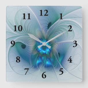 Reloj Cuadrado Ovaciones de pie, fractal azul turquesa abstracto