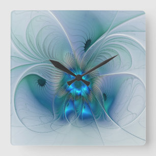 Reloj Cuadrado Ovaciones de pie, fractal azul turquesa abstracto