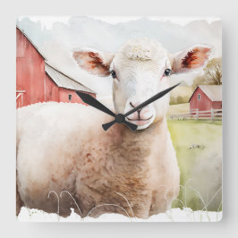 Reloj Cuadrado Oveja acuarela con granero rojo