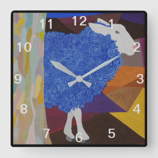 Reloj Cuadrado Oveja de lana azul - Números grises