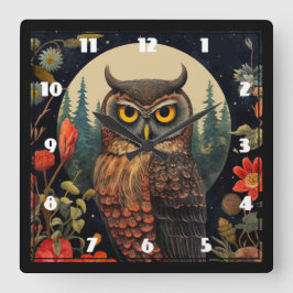 Reloj Cuadrado Owl at Night with a Full Moon