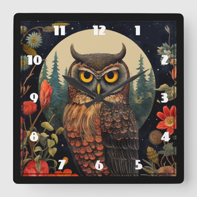 Reloj Cuadrado Owl at Night with a Full Moon (Anverso)