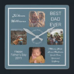 Reloj Cuadrado Padre Día Mejor Papá Nunca Azul Cuatro Foto<br><div class="desc">Muéstrale a papá que lo atesora por el Día del Padre con este diseño azul de cuatro fotos que muestra el nombre de tu padre, el texto "Mejor papa de la historia", y espacio para un mensaje único debajo con firmas mecanografiadas en texto de guión y la ocasión y el...</div>
