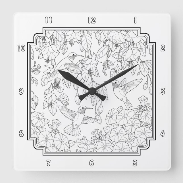Reloj Cuadrado Página de Hummingbirds and Flowers Adultos Colorin (Anverso)