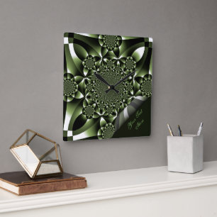 Reloj Cuadrado Página de rizo de hoja de bosque verde blanco