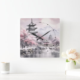 Reloj Cuadrado Pagoda de árbol sakura japonés y gris rosa puente