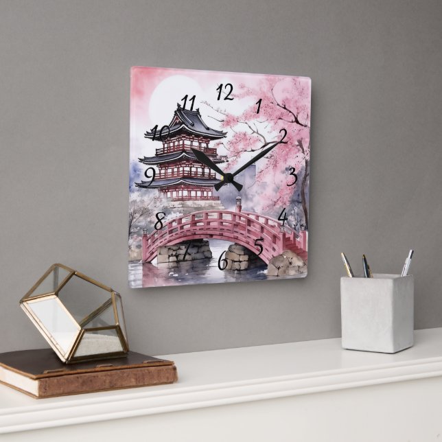 Reloj Cuadrado Pagoda de árbol sakura japonés y gris rosa puente (Oficina)
