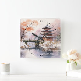 Reloj Cuadrado Pagoda de árbol sakura japonés y gris rosa puente