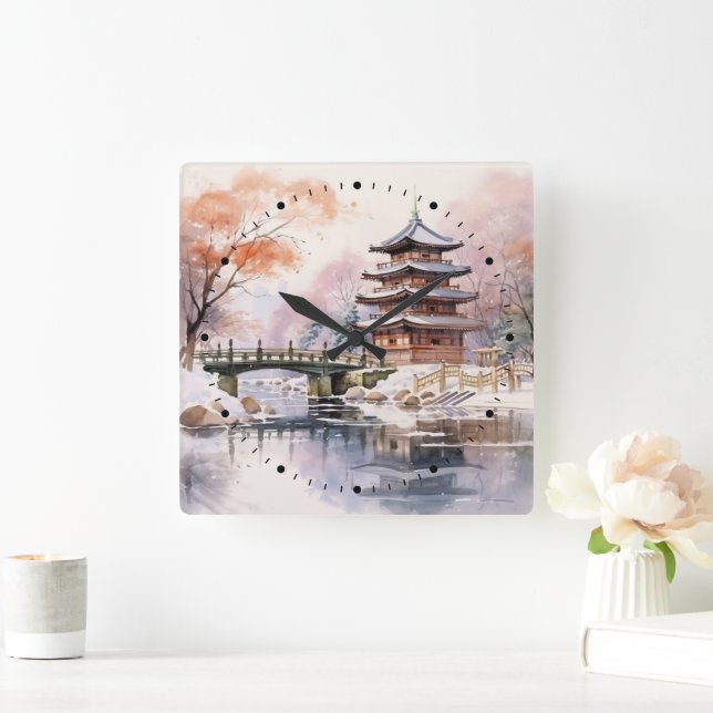 Reloj Cuadrado Pagoda de árbol sakura japonés y gris rosa puente (Hogar)
