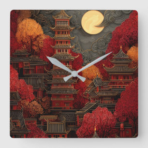 Reloj Cuadrado Pagoda del este asiático de rojo y dorado, paisaje