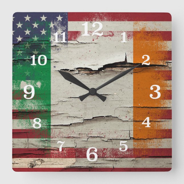 Reloj Cuadrado Paint Crackle | Bandera irlandesa norteamericana (Anverso)