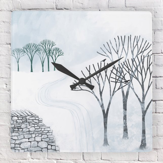 Reloj Cuadrado Paintaje paisajístico de nieve de invierno (Snowy winter landscape with trees and wall art wall clock)