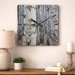 Reloj Cuadrado País personalizado Rústico Corazón tallado