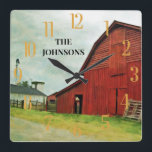 Reloj Cuadrado País Rústico Escenario del Barn Rojo<br><div class="desc">Me encanta esta foto y este granero. Foto tomada de un antiguo granero en Clinton, GA — la ciudad natal de mi amigo. Tengo la foto en la pared de mi sala de estar en la ciudad de Nueva York — así que no importa dónde vivas, si te enamoras de...</div>