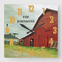 Reloj Cuadrado País Rústico Escenario del Barn Rojo 