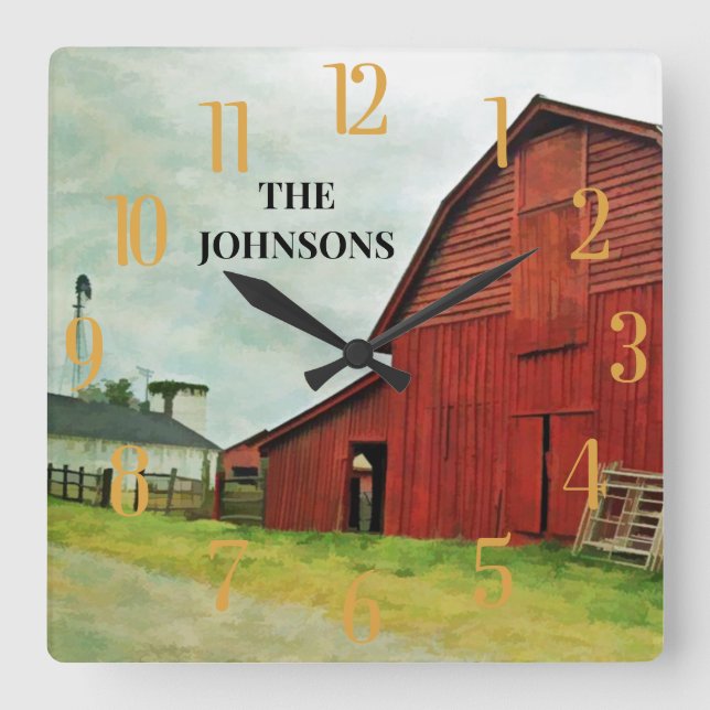 Reloj Cuadrado País Rústico Escenario del Barn Rojo  (Anverso)