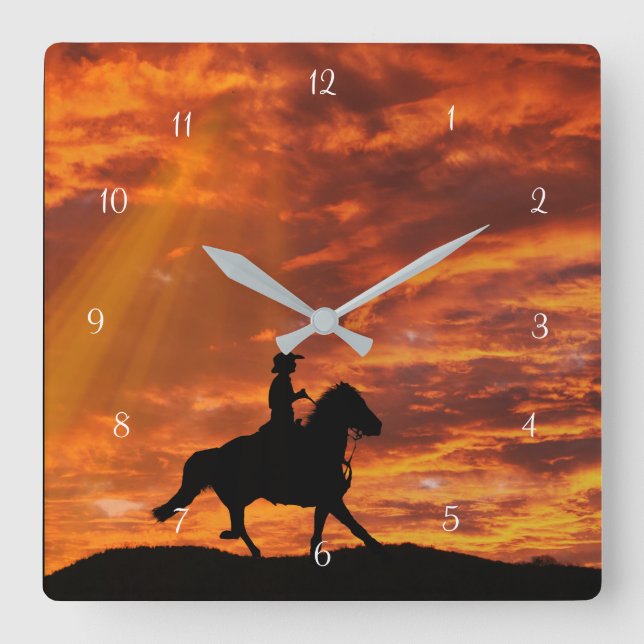 Reloj Cuadrado País Vaquero Occidental y Caballo al atardecer (Anverso)