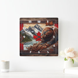 Reloj Cuadrado Paisaje canadiense con castor y hoja de arce